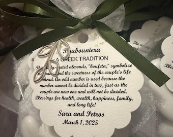 25 Greek Wedding Boubouniera Favors – Organza Bag with Jordan Almonds, Olive Green Ribbon, Olive Branch Charm & Custom Tag – Koufeta Favors