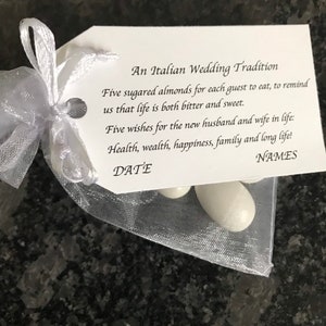 25 Italian Wedding Bomboniere Favors – White Organza Bag with 5 Jordan Almonds & Tradition Tag – Candy Wedding Favors – Custom Tags  showers