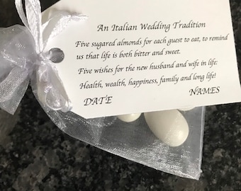 25 bomboneras italianas para boda: bolsa de organza blanca con 5 almendras Jordan y etiqueta tradicional. Dulces para boda: etiquetas personalizadas.