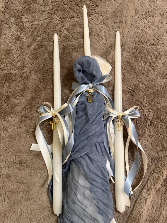 Greek Orthodox Baptism Candle Set – Dusty Blue and Ivory Ribbon with Cross –Lambades – Matching Oil Bottle, Soap & Martyrika Available