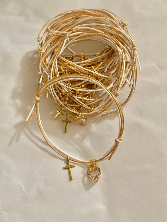 25- Martyrika (Witness Bracelets) Double cord bracelet with silver cross - rhinestone heart- birthday- baptism- communion-bautismo