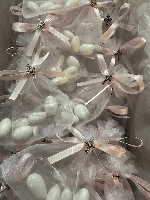 50 White Organza Baptism Favors – Jordan Almond Bags with Silver Cross – Christening Guest Gift – Greek Orthodox or Catholic Favor