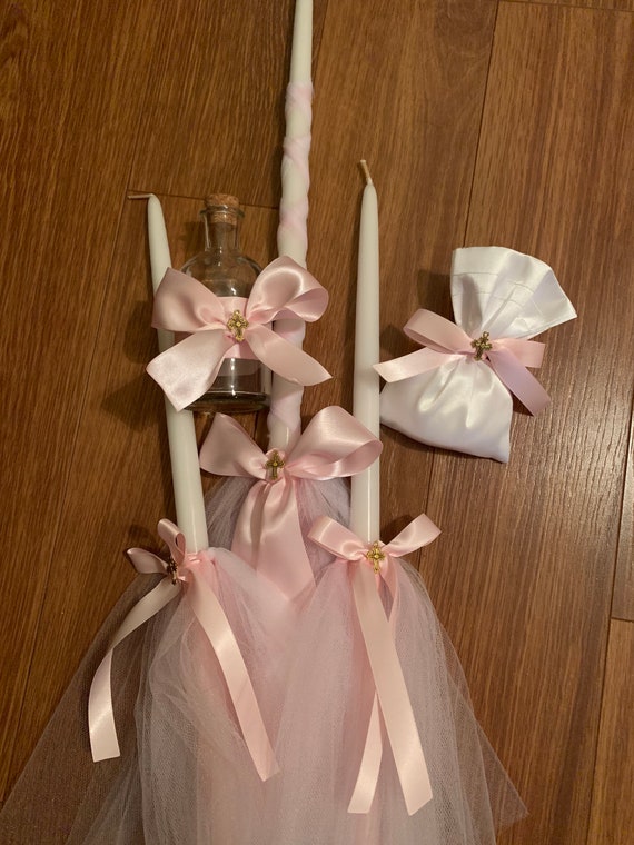 Wrapped in hugs - Greek Orthodox Baptism Candles- Lambathes- Christening- Baby Girl Baptism Set- Oil Bottle - Decorative Soap- Handmade -