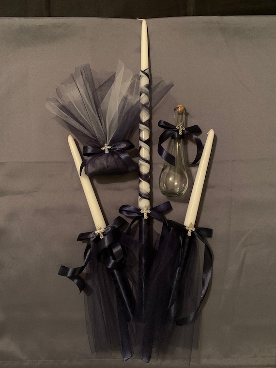 Navy Lambada- Greek Orthodox Baptism Candles (Lambathes)- Navy tulle - Handmade- silver cross- Oil bottle - decorative Soap-