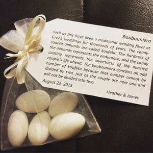 50x Elegant White Boubouniere Favors | Greek Wedding Candy Favor | Custom Tag | 5 Jordan Almonds | Baptism, Bridal Shower, Christening favor