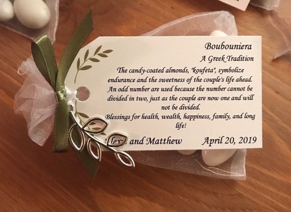 25 - Greek Boubounieres "Koufeta"  Wedding favors (Candy Coated Almonds)- Greek Traditions- Bridal Shower - Olive Branch - Personalized