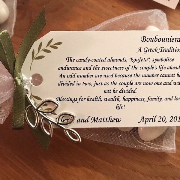 25 - Greek Boubounieres "Koufeta"  Wedding favors (Candy Coated Almonds)- Greek Traditions- Bridal Shower - Olive Branch - Personalized