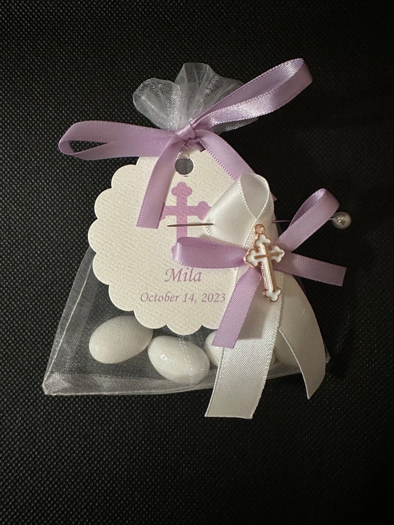 25 Greek Baptism Favor Bags – Jordan Almonds in Organza with Custom Scallop Tag & Martyrika Pin with Cross – Christening Guest Gifts