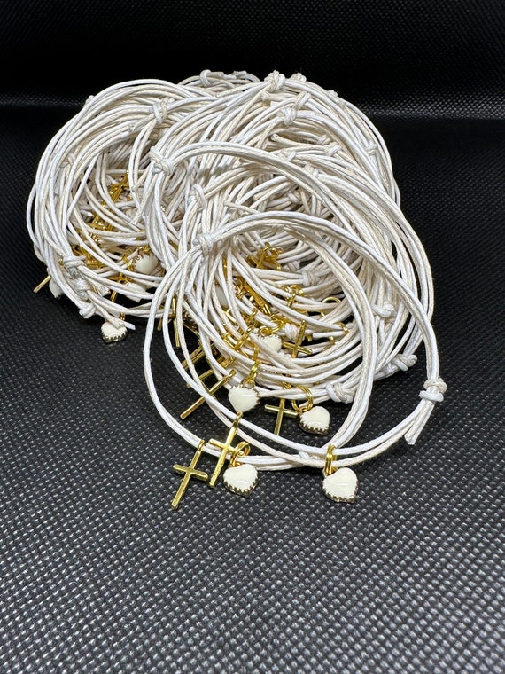 25- Martyrika (Witness Bracelets) Double cord bracelet with gold cross - white enamel heart- birthday- baptism- communion-bautismo