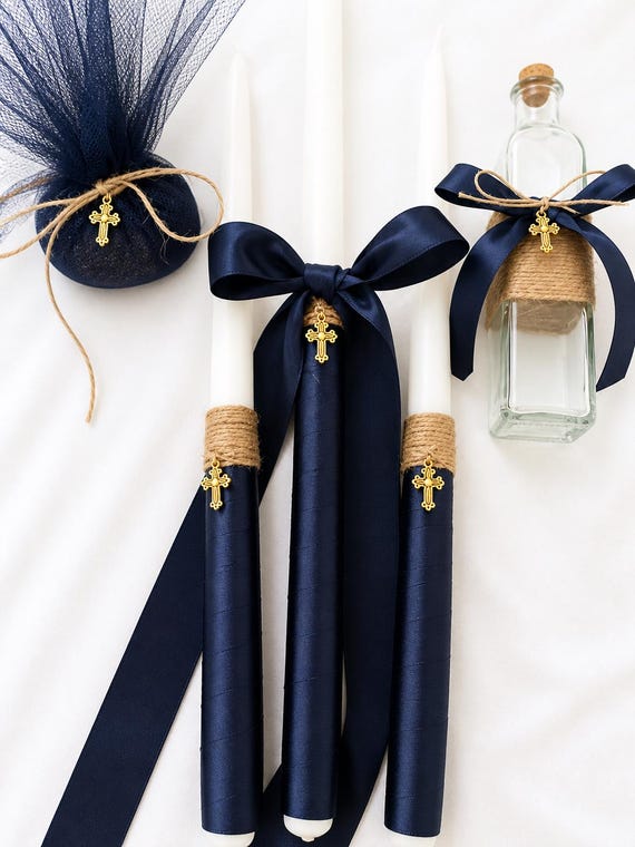 Elegant Greek Orthodox Baptism Candle Set – Rustic Navy & Twine Decor – 24” Lambada, Oil Bottle, Soap, Martyrika Available