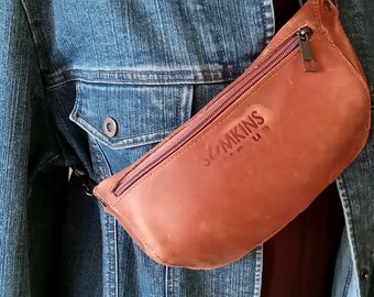 Cognac Leather Fanny Pack: Unisex Belt Bag with Zipper Pouch