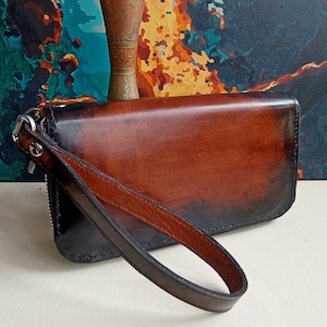 Cartera de cuero con doble cremallera alrededor Bolso de mano tipo cartera grande