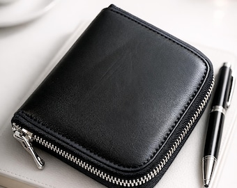 Handmade Leather Zip Around Wallet with Coin Pocket Black Small Leather Purse for Men and Women Minimalist Zipper Wallet Gift for Him
