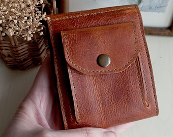 Billfold brown slim leather wallet Small card holder Custom coin purse