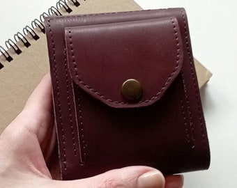 Leather bifold slim wallet Burgundy minimalist small Handmade coin purse