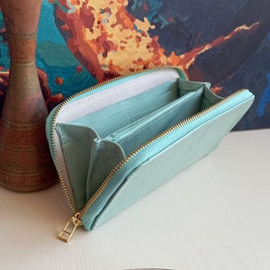 Cuero turquesa Cremallera grande alrededor de la cartera larga de viaje Clutch pequeño con cremallera