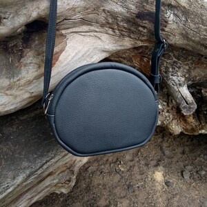 Leather black round bag Small women's cross body bag oval Shoulder bag