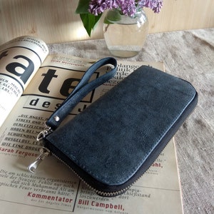 Cartera de cuero para hombre con cremallera alrededor de la cartera del teléfono Organizador tarjetas de crédito Bolso pequeño Cartera larga grande