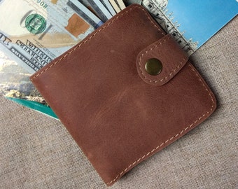Leather Minimalist brown slim bifold wallet Front pocket card holder