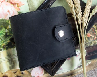 Cartera plegable de cuero negro para hombre Tarjetero delgado hecho a mano con bolsillo para monedas