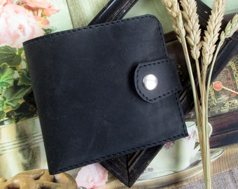 Black leather mens bifold wallet Slim Handmade Card holder with coins pocket