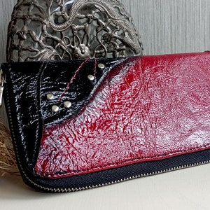 Cartera de piel para mujer en rojo y negro Cartera grande con cremallera alrededor Cartera pequeña de noche