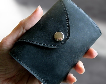 Black Leather Trifold Wallet: Slim Minimalist Coin Purse