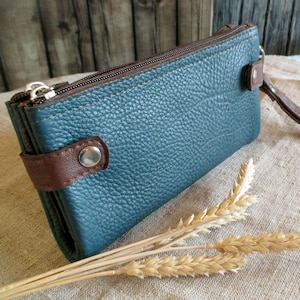 Cartera de cuero para mujer Pequeño bolso de mano para teléfono con tarjetero largo con cremallera
