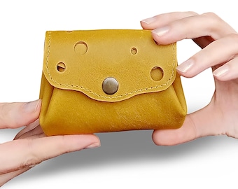 Small yellow leather wallet Accordion money wallet Handmade women's coin purse