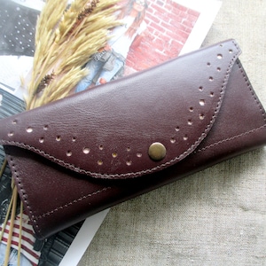 Cartera larga de cuero burdeos para mujer, bolsillo con cremallera, monedero, tarjeta, accesorios de cuero, regalos de Navidad, cartera, funda para teléfono