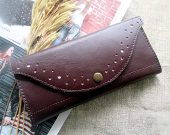 Burgundy Leather long Womens Wallet zipper pocket holder coin card wallet Leather Accessories Christmas gifts wallet phone case