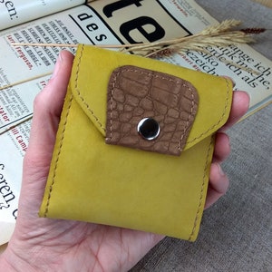 Cartera de mujer de piel amarilla Tarjetero pequeño con bolsillo frontal Cartera fina para tarjetas