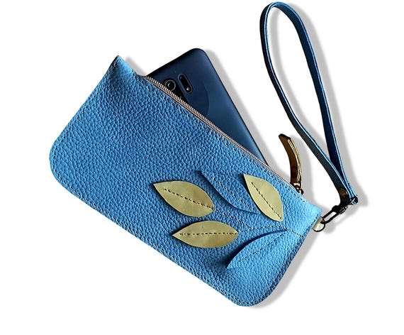 Zippered Wallet with Wrist Strap Blue Nubuck Leather Phone Case