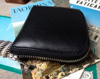 Leather wallet zipper around Bifold small card holders Minimalist credit card wallet