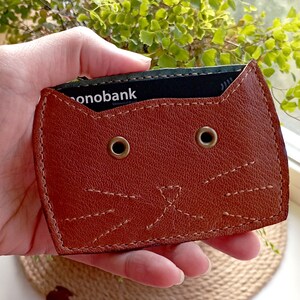 Tarjetero de cuero Cartera de gato mini Cartera delgada linda
