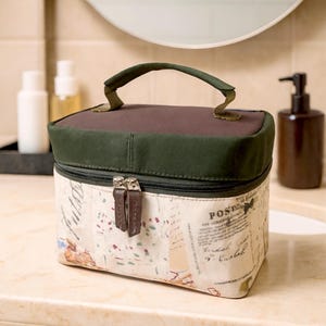 Large Canvas Cosmetic Bag: Map Print Travel Toiletry Organizer