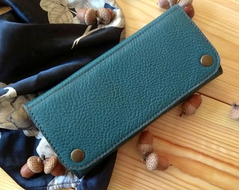 Long Leather Wallet, Slim Women's Wallet with 8 Card Slots and Zipper Pocket