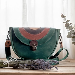 Women's leather cross body bag Green Patchwork style Strap shoulder semicircular bag