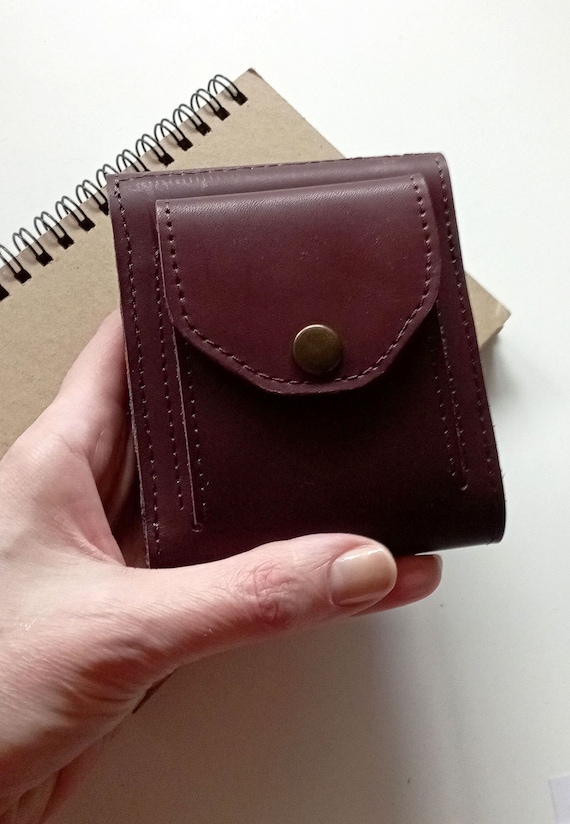 Leather Bifold Slim Wallet Burgundy Minimalist Small Handmade Coin Purse Etsy