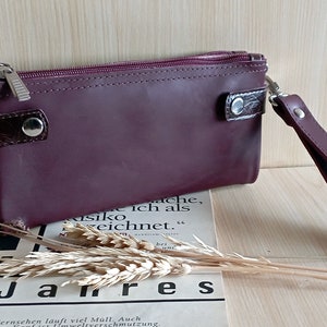 Cartera larga de cuero burdeos con cremallera Portatarjetas de identificación Cartera de mano Cartera de viaje plegable grande