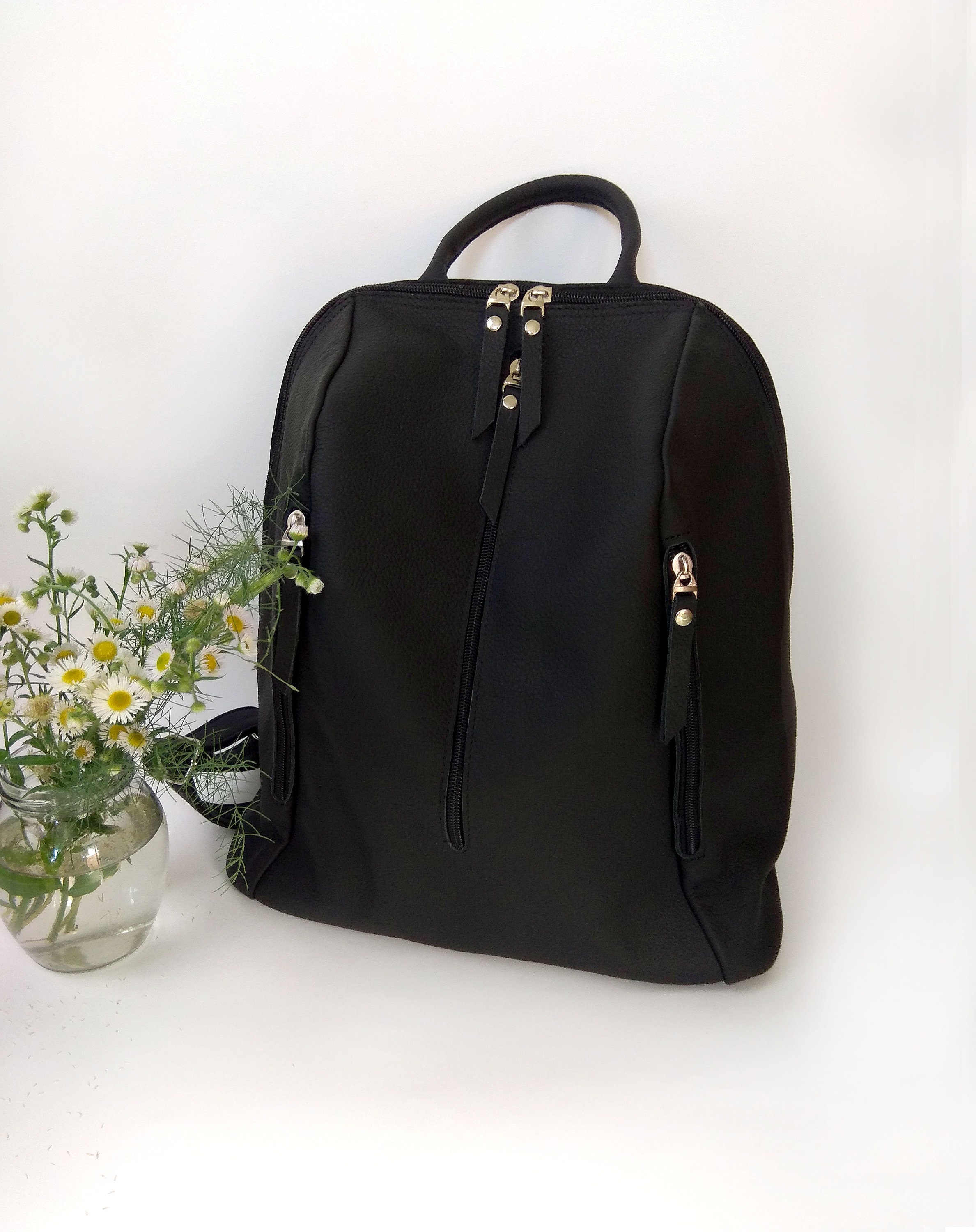 Black women's leather backpack of medium size Casual Etsy