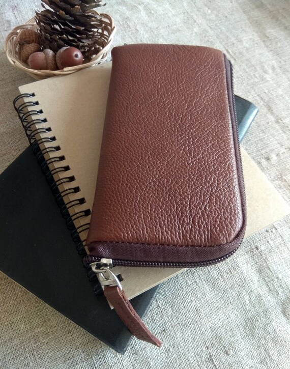 Brown Leather Phone Zippered Case Custom iPhone Cover