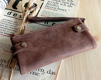 Leather clutch wallet with zipper Double fold Long card holder Purse phone womens