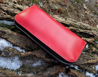 Red leather wallet zipper around Large long wallet for travel Handmade Clutch phone wallet