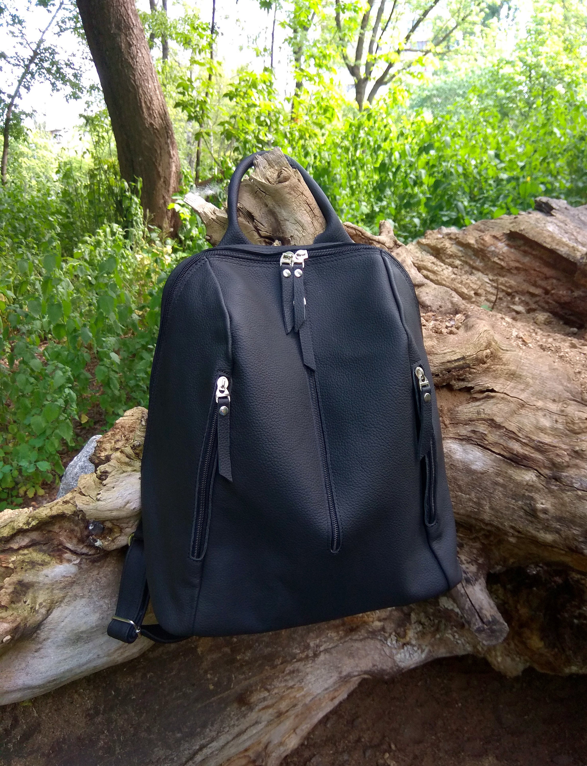 Black women's leather backpack of medium size Casual Etsy