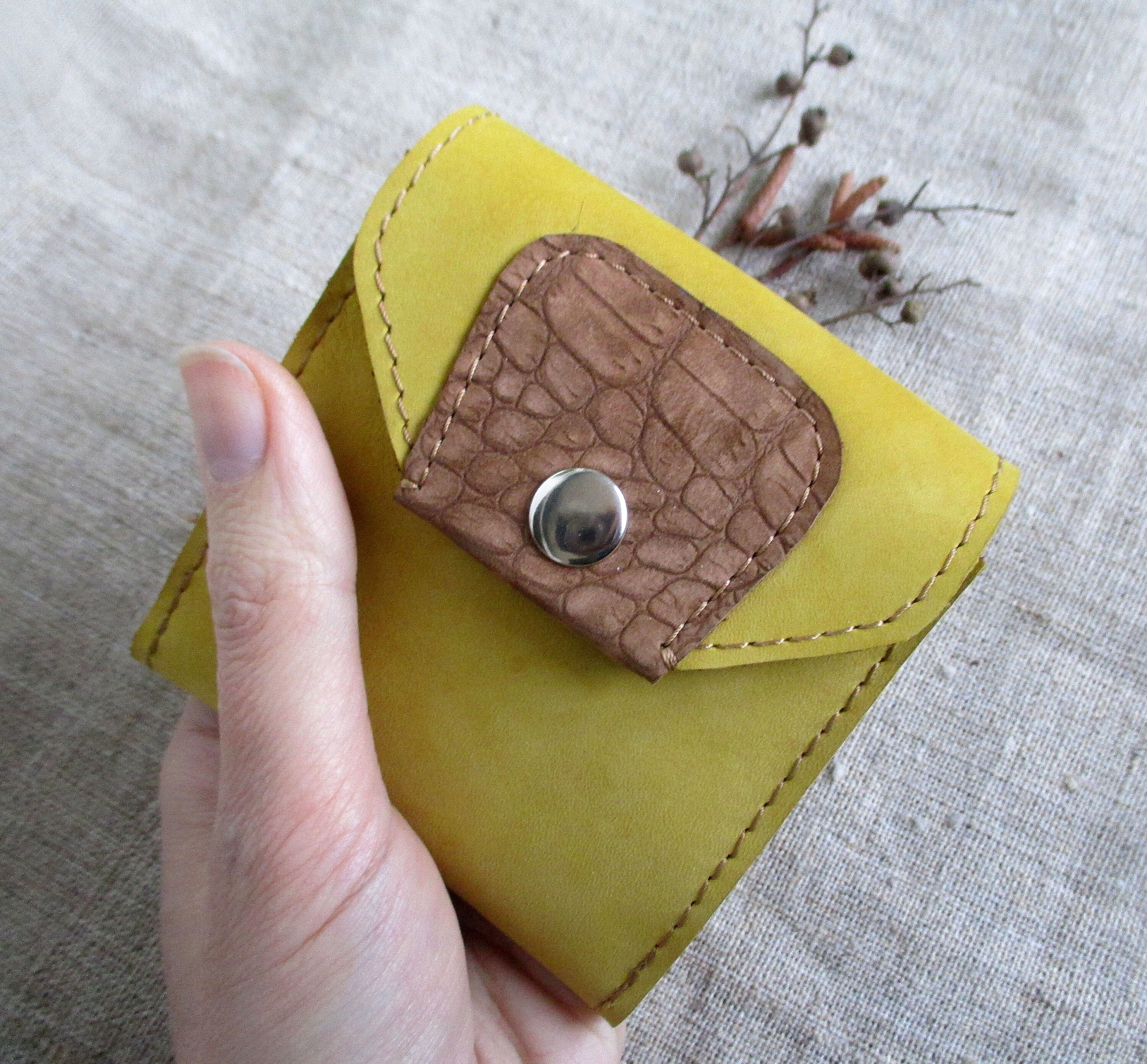 Small yellow leather wallet for women Minimalist slim cash Etsy