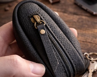 Leather Key Pouch Zipper Minimalist Key Case Holder Small Leather Key Organizer with Internal Ring