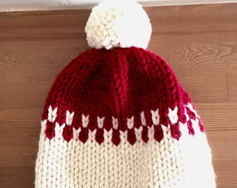 Christmas beanie/ Red and White knitted hat/ Handmade Christmas beanie