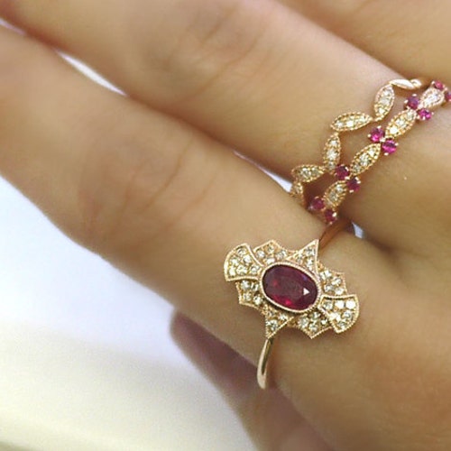 18K Solid Gold Ruby and Diamond Art Deco Ring - Etsy