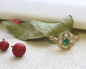 18K solid gold emerald diamond art deco ring